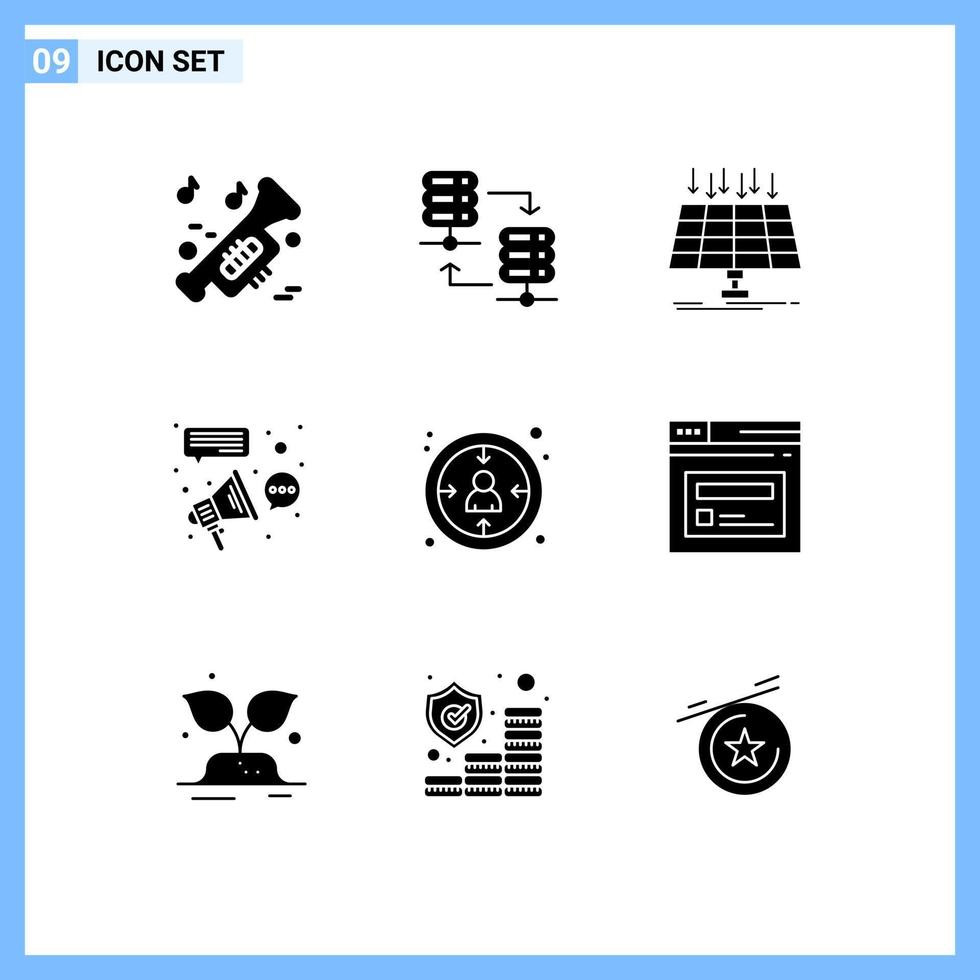 Mobile Interface Solid Glyph Set of 9 Pictograms of connection buzz solar affiliate smart city Editable Vector Design Elements