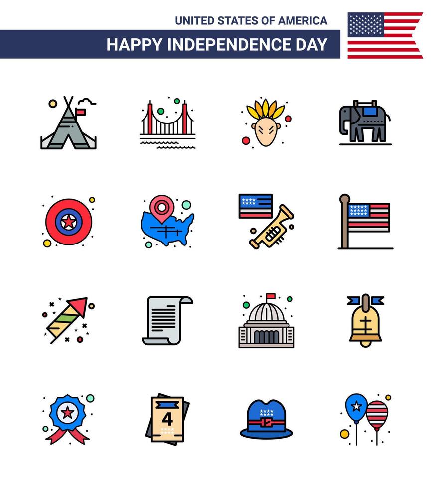 Pack of 16 USA Independence Day Celebration Flat Filled Lines Signs and 4th July Symbols such as star badge tourism usa elephent Editable USA Day Vector Design Elements