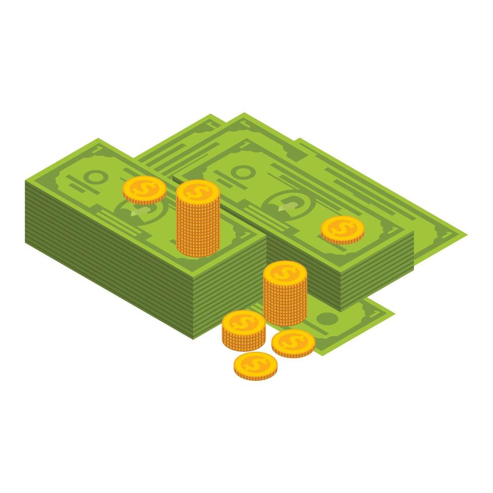 icono verde de dólar y monedas, estilo isométrico vector