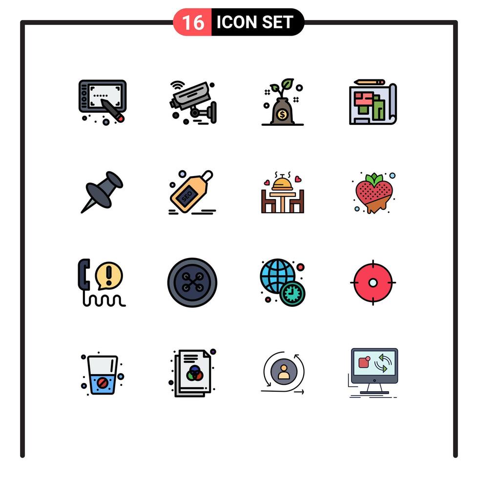 paquete de 16 líneas llenas de colores planos modernos, signos y símbolos para medios de impresión web, tales como elementos de diseño de vectores creativos editables de presupuesto de marca de marcador