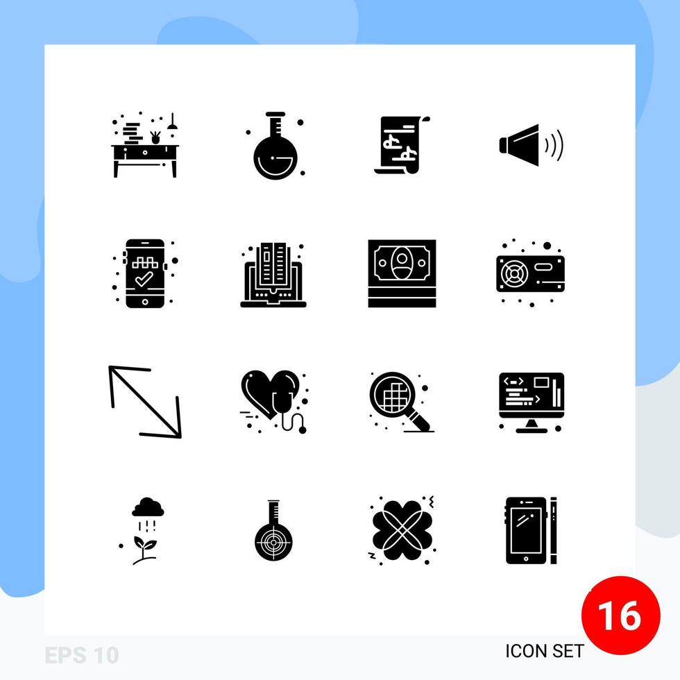 User Interface Pack of 16 Basic Solid Glyphs of online cab booking on file volume sound Editable Vector Design Elements