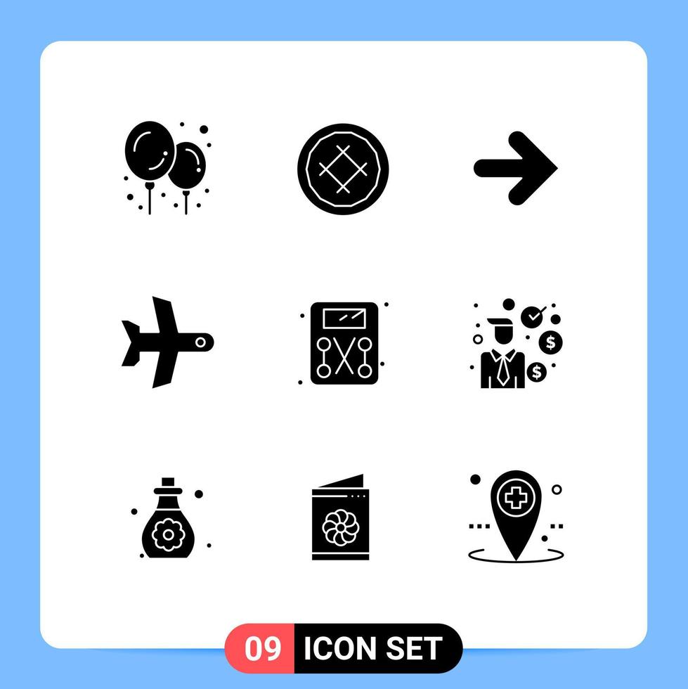 9 Solid Glyph concept for Websites Mobile and Apps weighing machine diet forward vehicle takeoff Editable Vector Design Elements