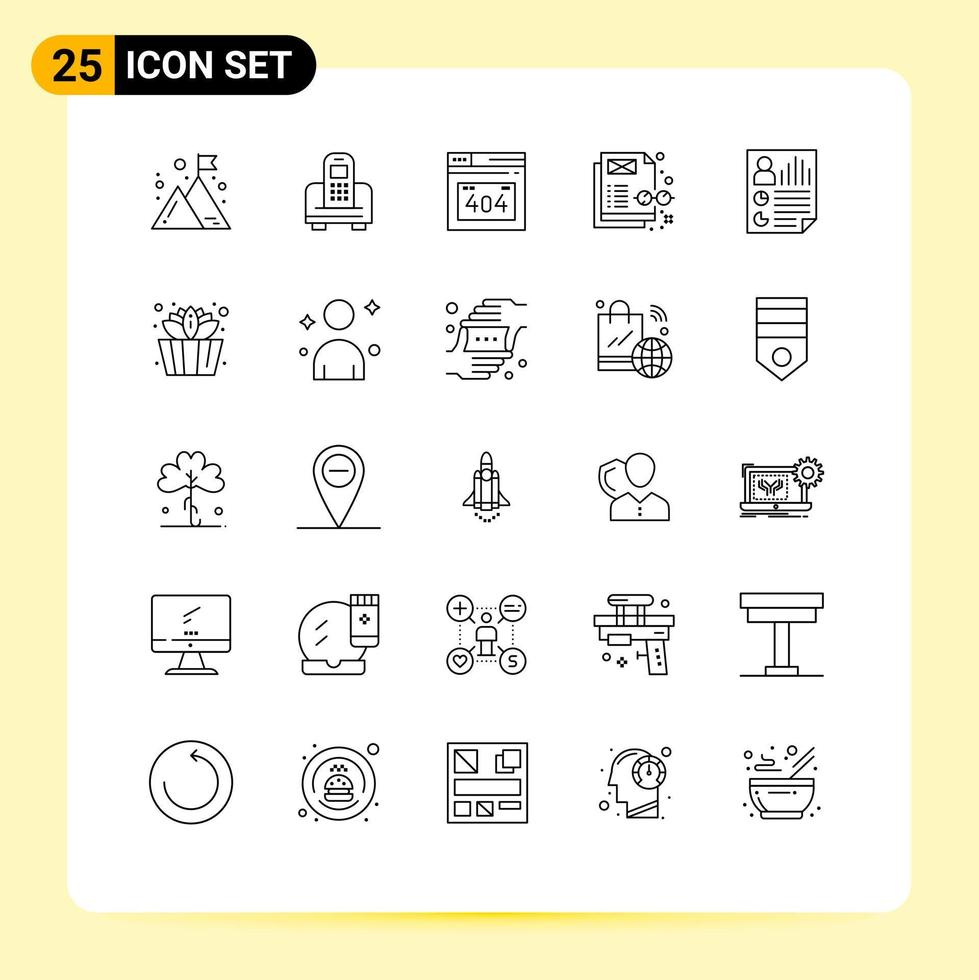 User Interface Pack of 25 Basic Lines of report document error data content Editable Vector Design Elements