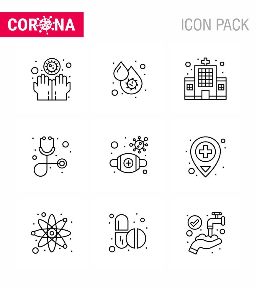 9 Line Corona Virus pandemic vector illustrations mask stethoscope platelets healthcare hospital viral coronavirus 2019nov disease Vector Design Elements