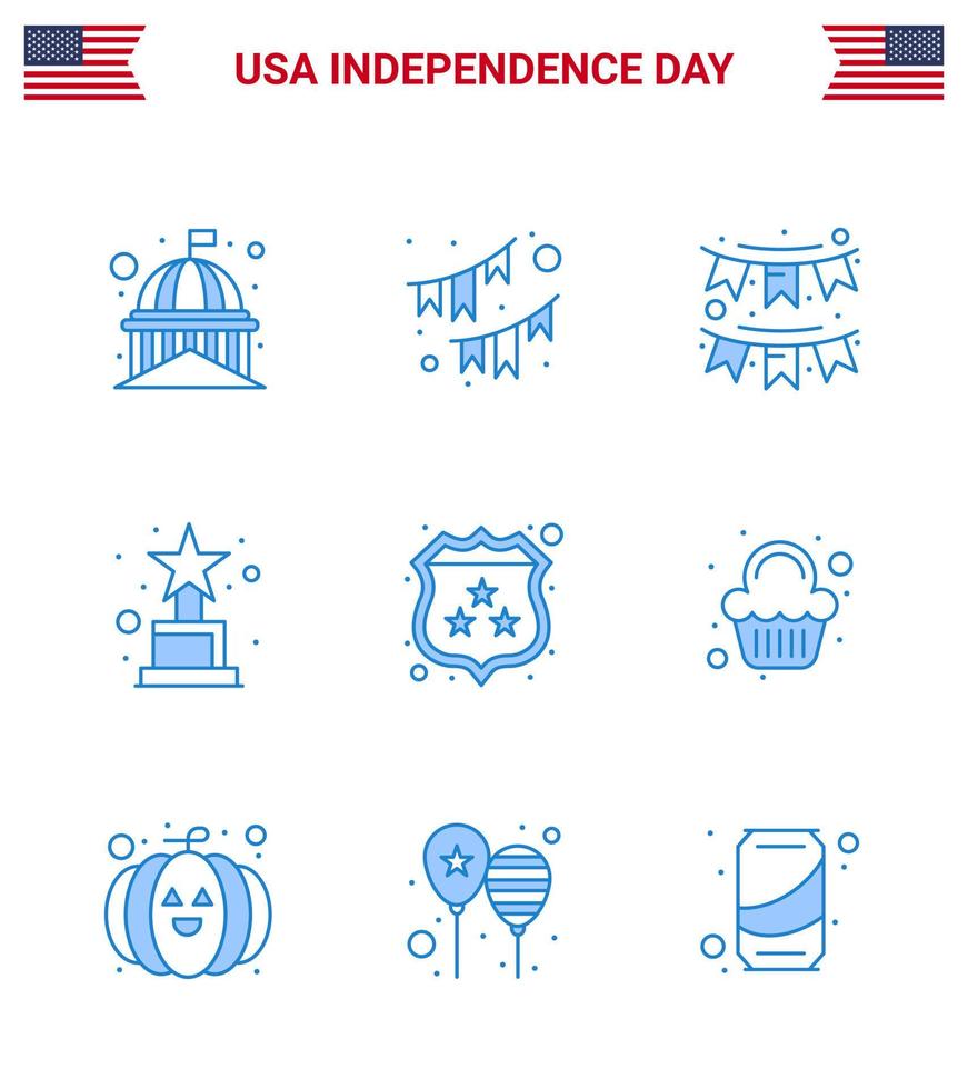 Big Pack of 9 USA Happy Independence Day USA Vector Blues and Editable Symbols of cake shield party security trophy Editable USA Day Vector Design Elements