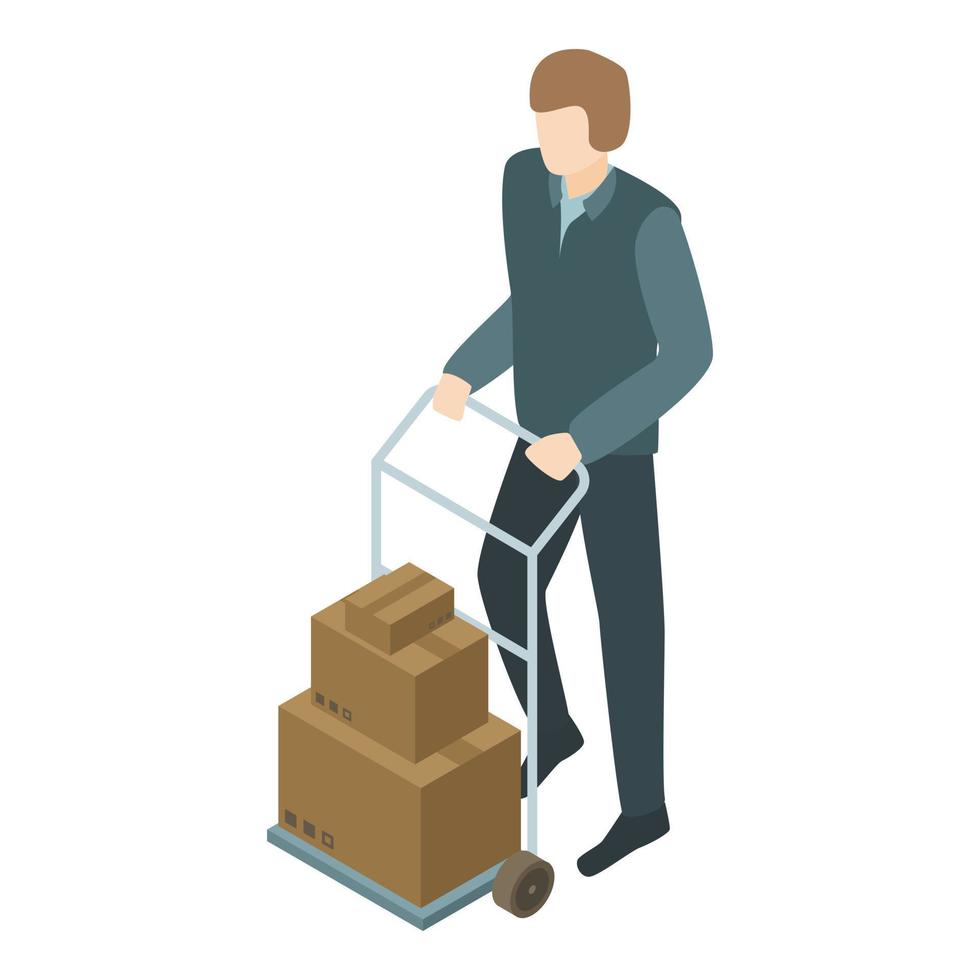 Man take boxes on cart icon, isometric style vector