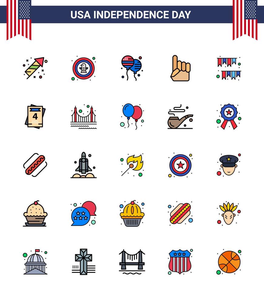 Happy Independence Day 4th July Set of 25 Flat Filled Lines American Pictograph of american day usa badge hand american Editable USA Day Vector Design Elements