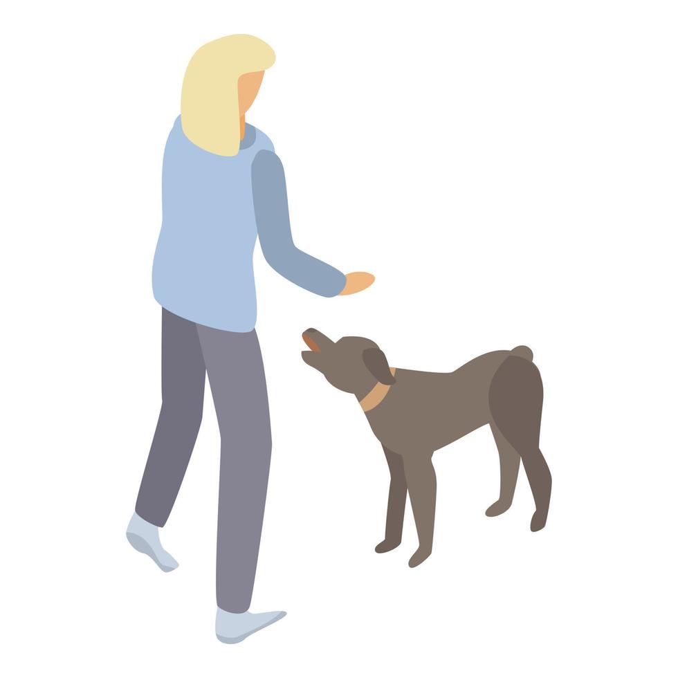 Blonde girl training dog icon, isometric style vector