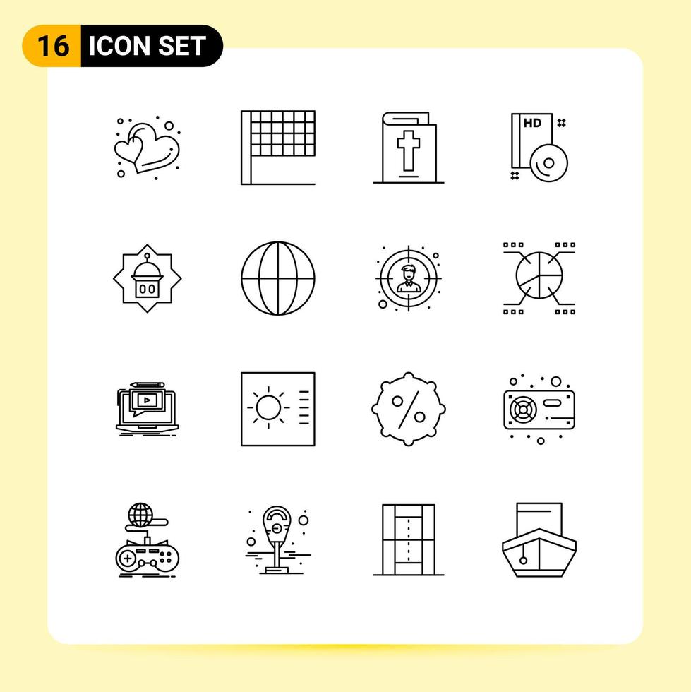 Stock Vector Icon Pack of 16 Line Signs and Symbols for islam tower holiday mosque disc Editable Vector Design Elements