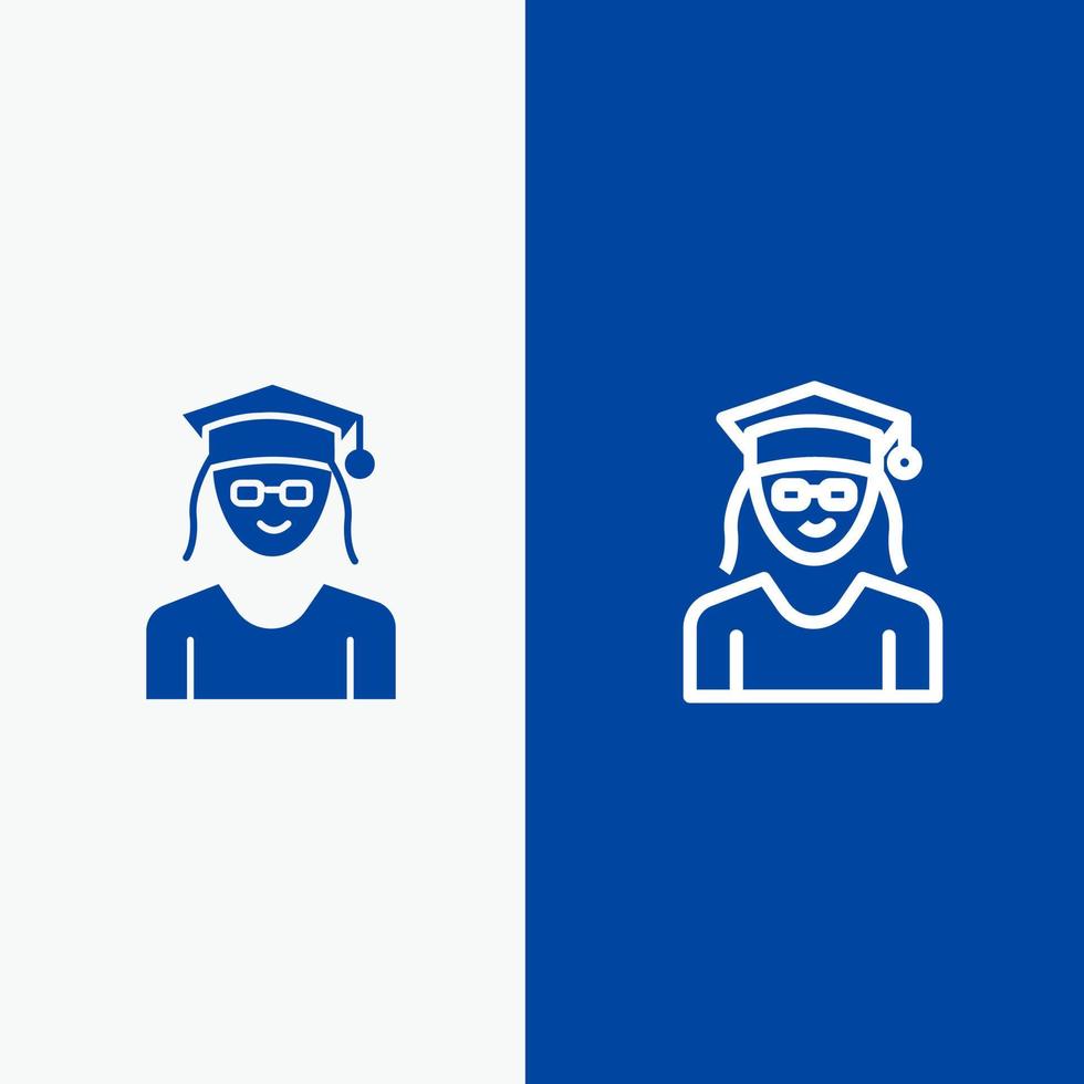 Cap Education Graduation Woman Line and Glyph Solid icon Blue banner Line and Glyph Solid icon Blue banner vector