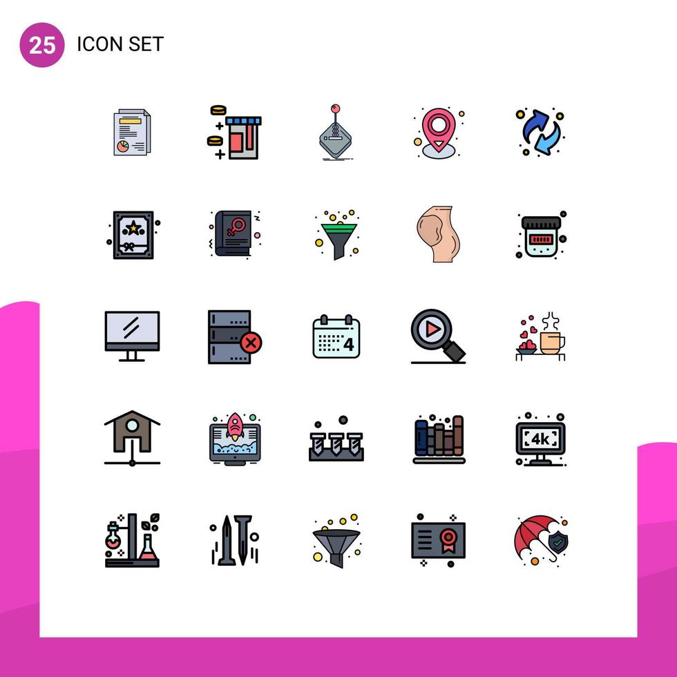 25 Universal Filled line Flat Color Signs Symbols of recycling place game pin location Editable Vector Design Elements