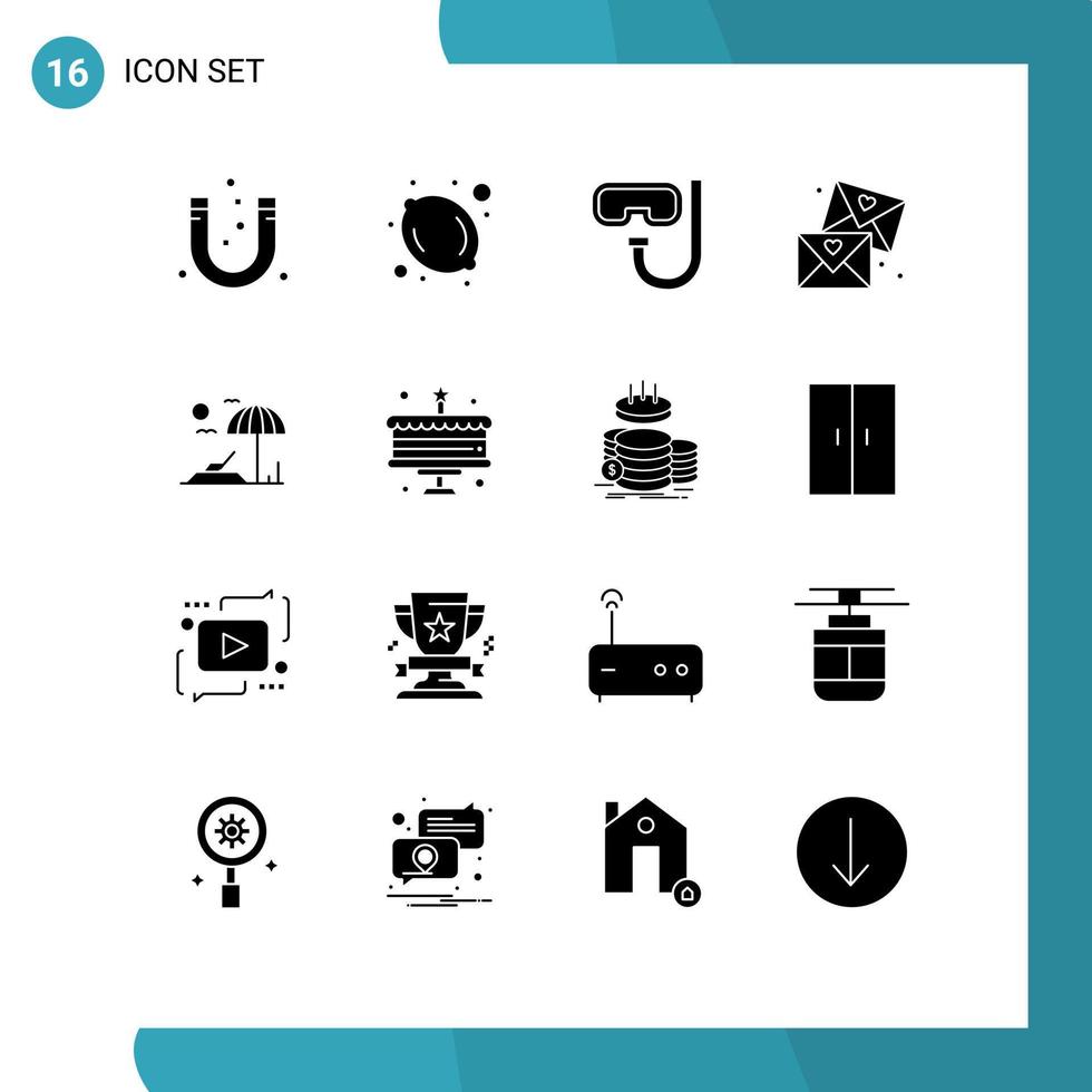 Set of 16 Modern UI Icons Symbols Signs for sunbed wedding beach glasses email Editable Vector Design Elements