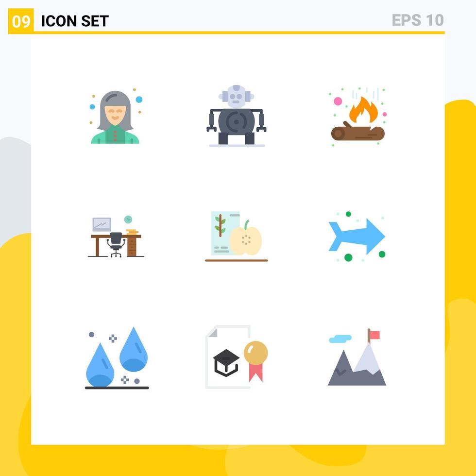 9 User Interface Flat Color Pack of modern Signs and Symbols of diet room bonfire office table space Editable Vector Design Elements