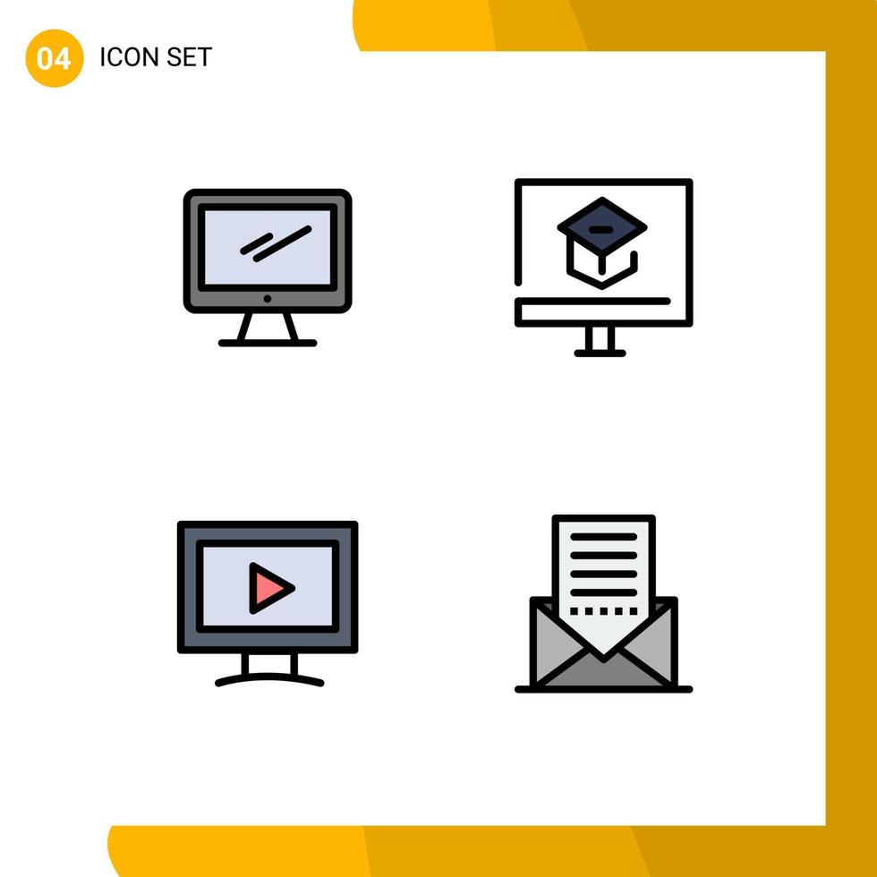 Group of 4 Modern Filledline Flat Colors Set for computer school imac knowledge screen Editable Vector Design Elements