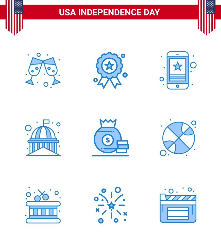 9 Creative USA Icons Modern Independence Signs and 4th July Symbols of dollar usa star landmark building Editable USA Day Vector Design Elements