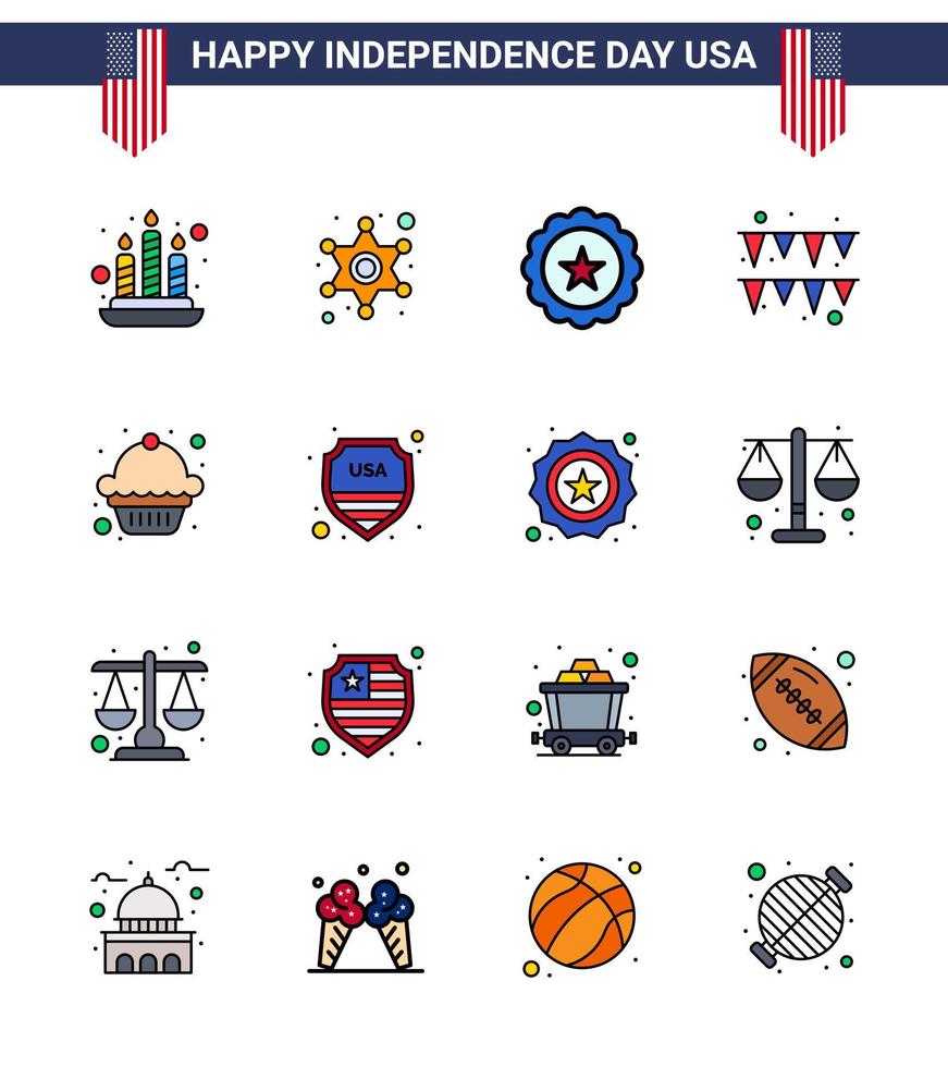 Paquete de 16 líneas llenas planas de estados unidos de signos y símbolos del día de la independencia de seguridad postre bebida pastel guirnalda elementos de diseño vectorial del día de estados unidos editables vector