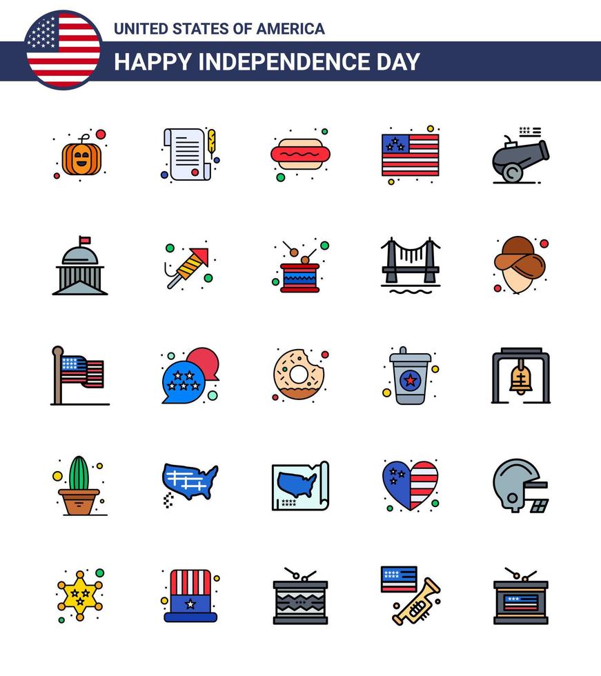 conjunto de 25 iconos del día de los ee.uu. símbolos americanos signos del día de la independencia para el obús de la ciudad cañón de alimentos ee.uu. elementos de diseño vectorial editables del día de los ee.uu. vector