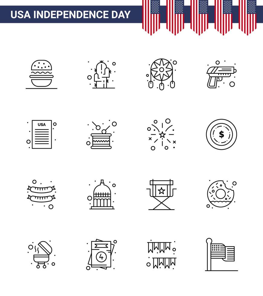 Happy Independence Day 16 Lines Icon Pack for Web and Print declaration of independence weapon adornment army gun Editable USA Day Vector Design Elements