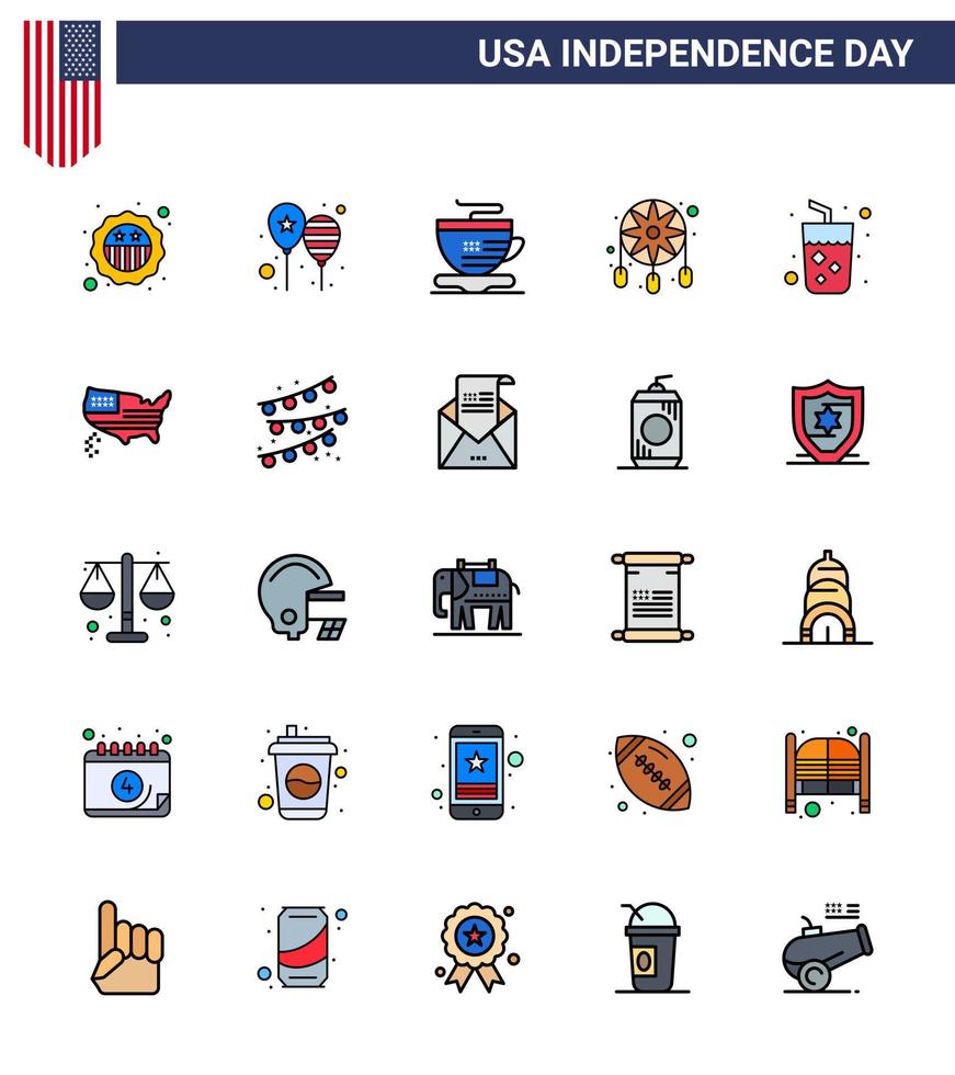 Modern Set of 25 Flat Filled Lines and symbols on USA Independence Day such as drink western america flag dream catcher adornment Editable USA Day Vector Design Elements