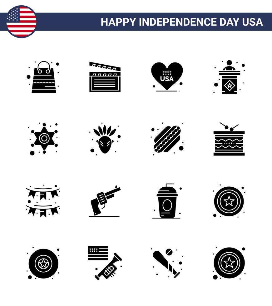 paquete de iconos de vector de stock del día americano 16 signos y símbolos de glifo sólido para la etapa de corazón de signo de policía usa elementos de diseño de vector de día de estados unidos editables