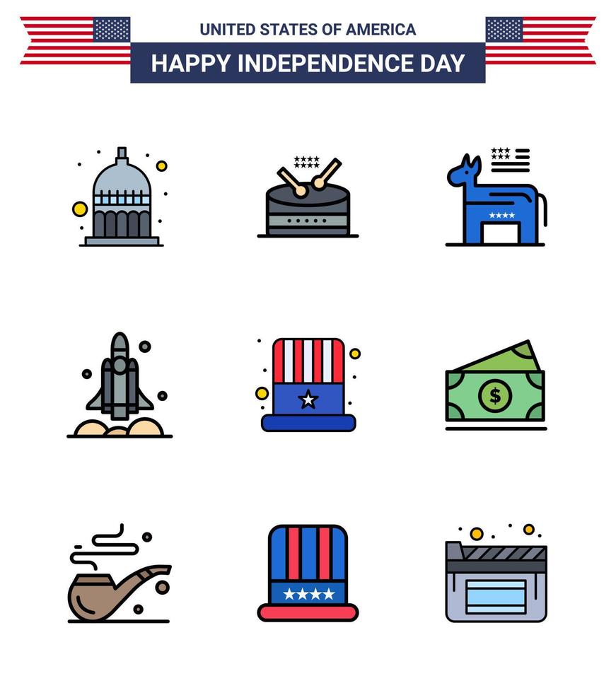 USA Happy Independence DayPictogram Set of 9 Simple Flat Filled Lines of american transport donkey spaceship launcher Editable USA Day Vector Design Elements