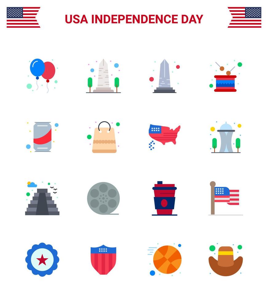 Group of 16 Flats Set for Independence day of United States of America such as cola can washington beer independence Editable USA Day Vector Design Elements
