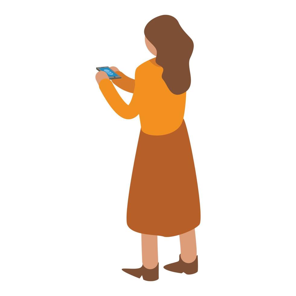 Woman buy online smartphone icon, isometric style vector