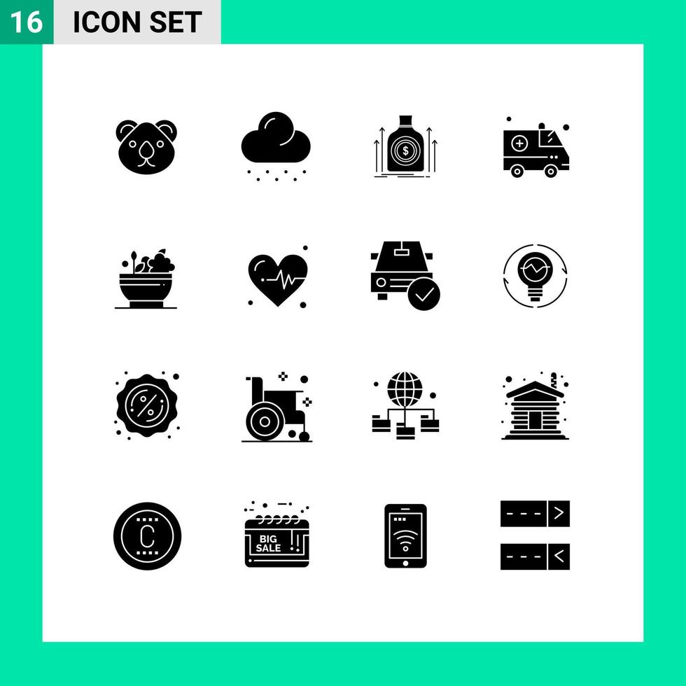 Pack of 16 creative Solid Glyphs of medicine medical bag emergency loan Editable Vector Design Elements