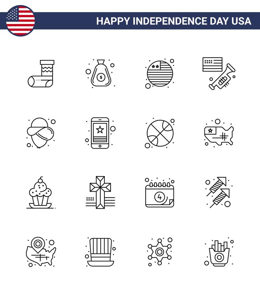Set of 16 Vector Lines on 4th July USA Independence Day such as hat usa country american speaker Editable USA Day Vector Design Elements