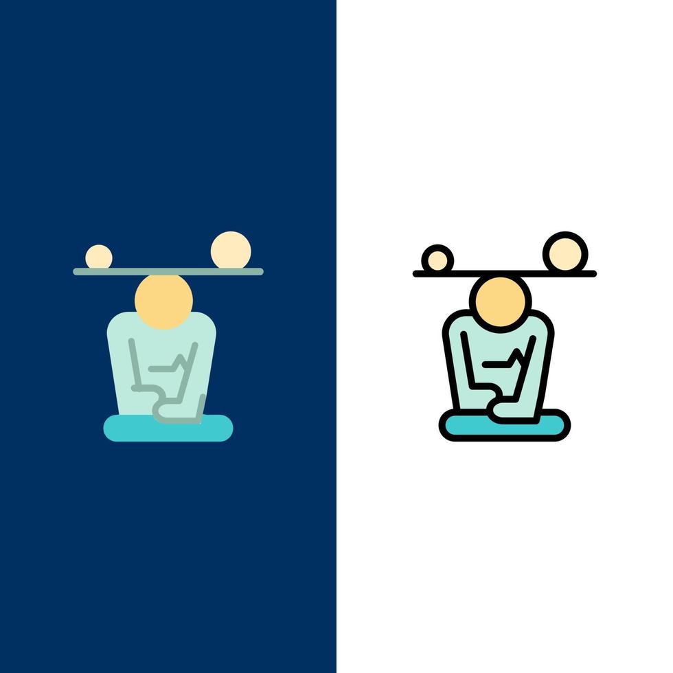 equilibrio concentración meditación mente atención plena iconos planos y llenos de línea conjunto de iconos vector fondo azul