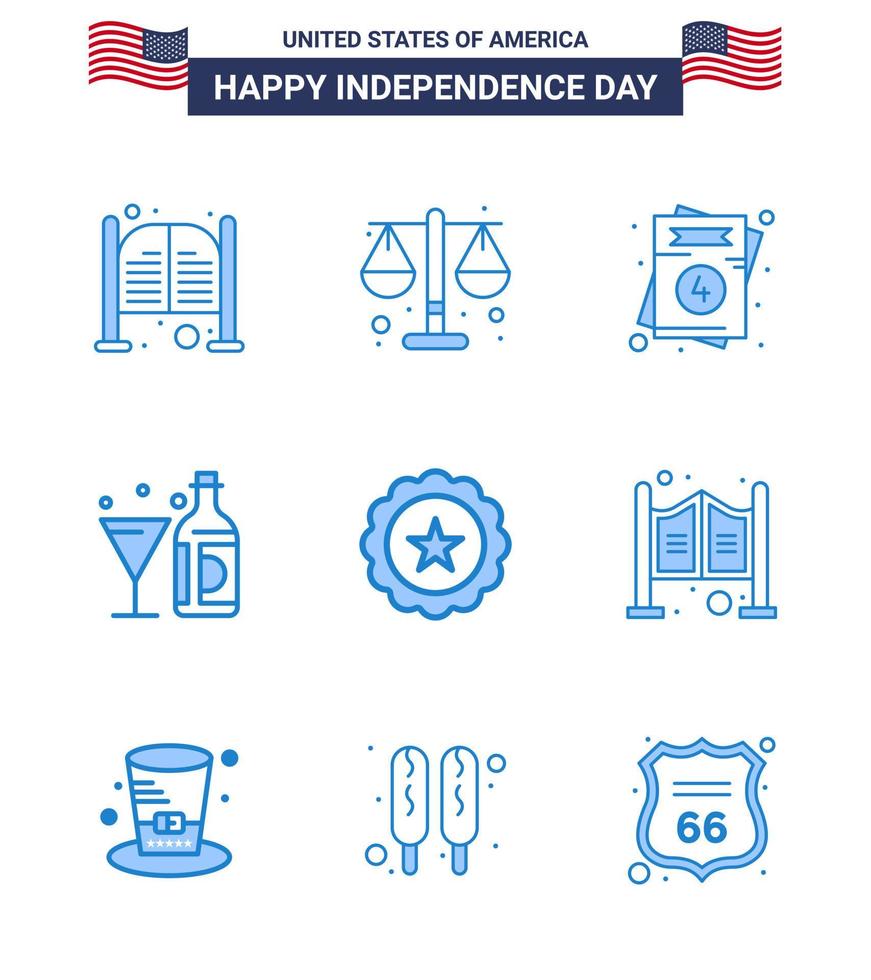 Modern Set of 9 Blues and symbols on USA Independence Day such as glass american scale wine wedding Editable USA Day Vector Design Elements