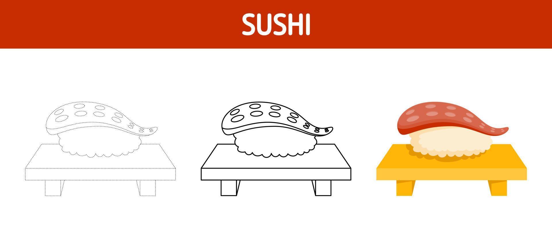 Sushi tracing and coloring worksheet for kids vector