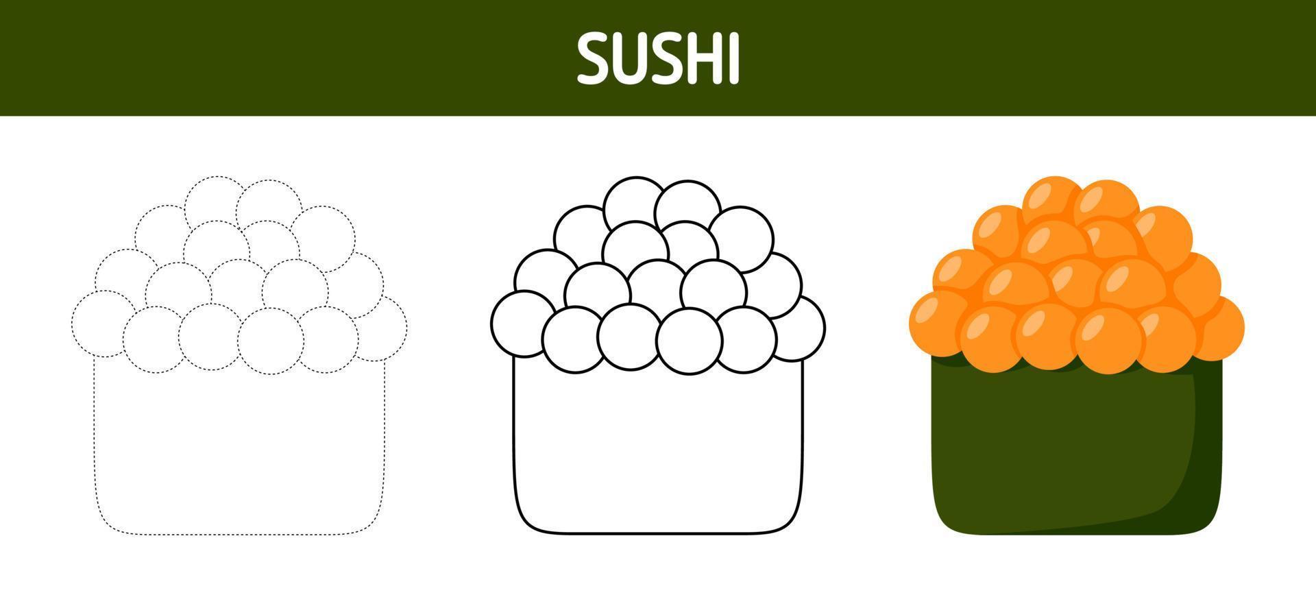 Sushi tracing and coloring worksheet for kids vector