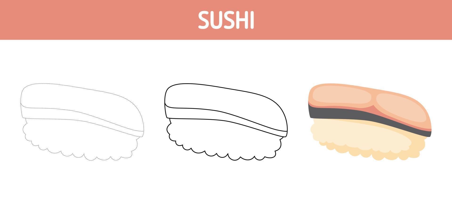 Sushi tracing and coloring worksheet for kids vector