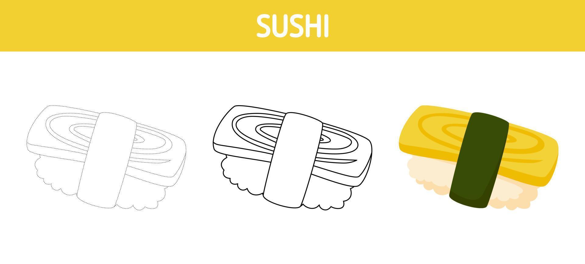 Sushi tracing and coloring worksheet for kids vector