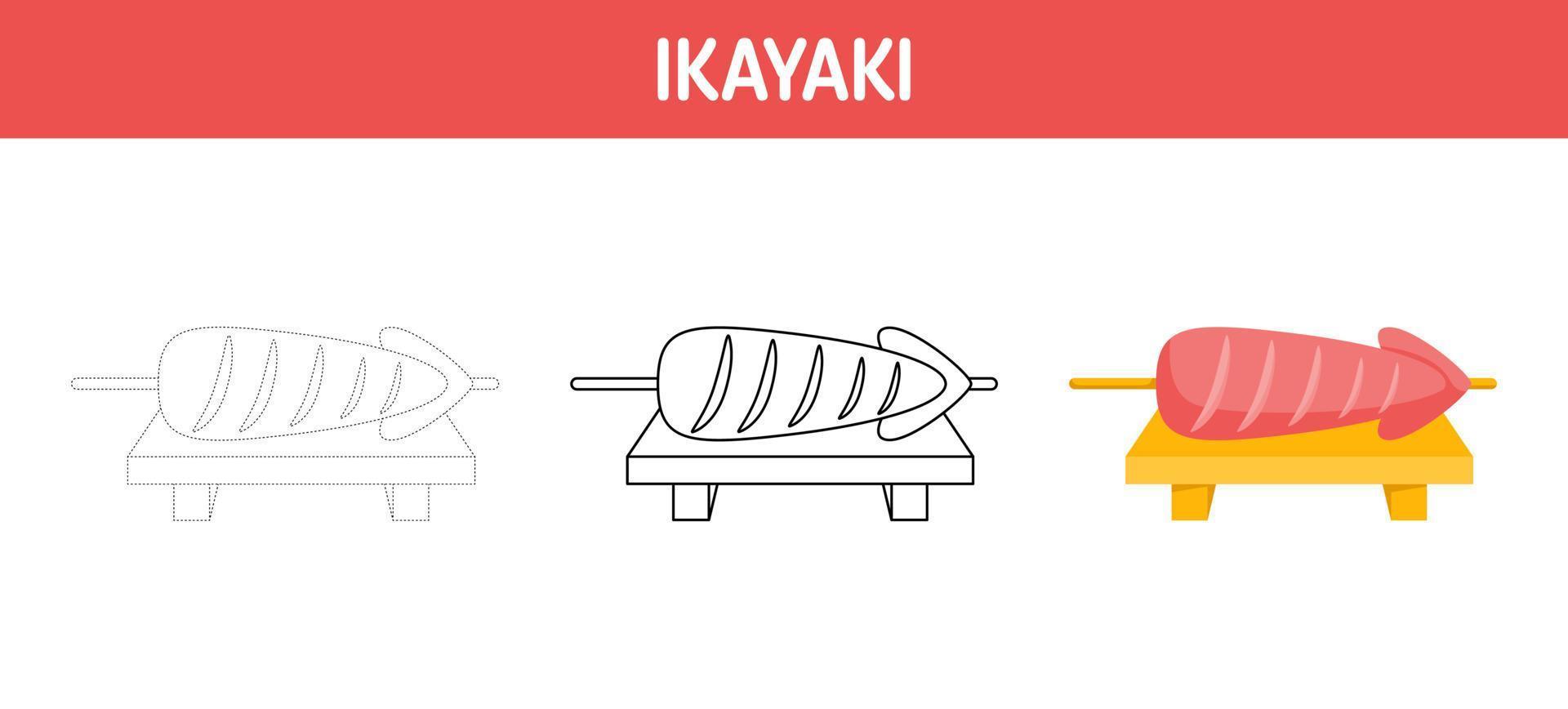 Ikayaki tracing and coloring worksheet for kids vector