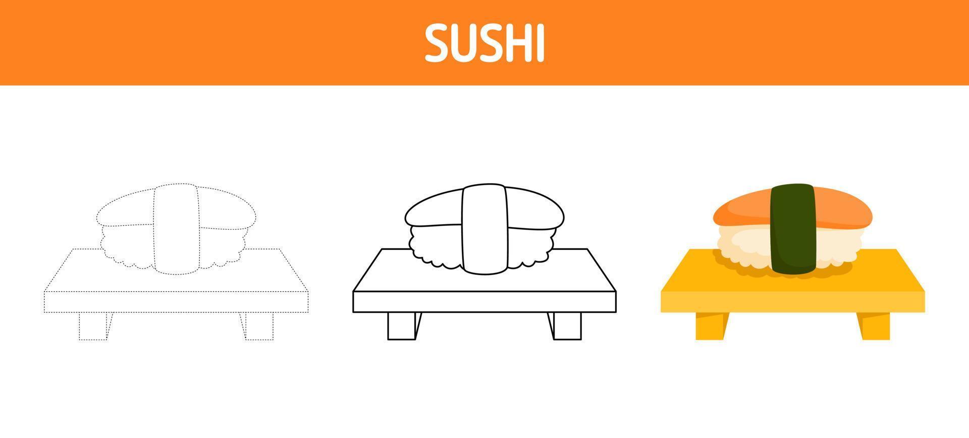 Sushi tracing and coloring worksheet for kids vector