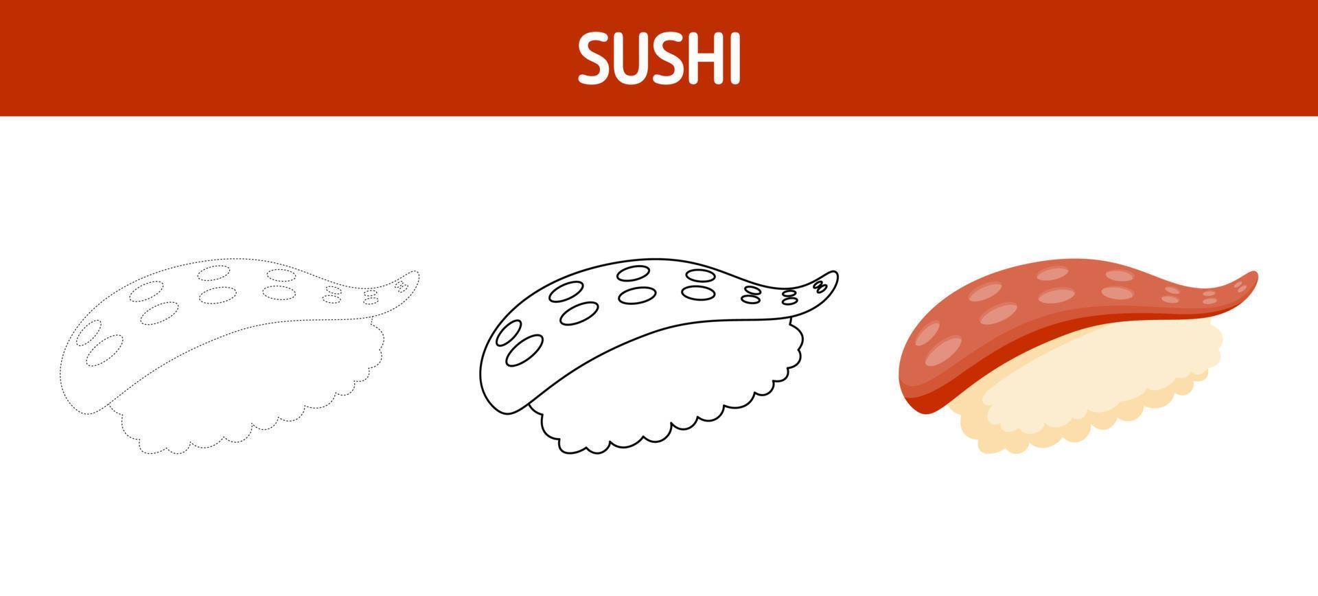 Sushi tracing and coloring worksheet for kids vector