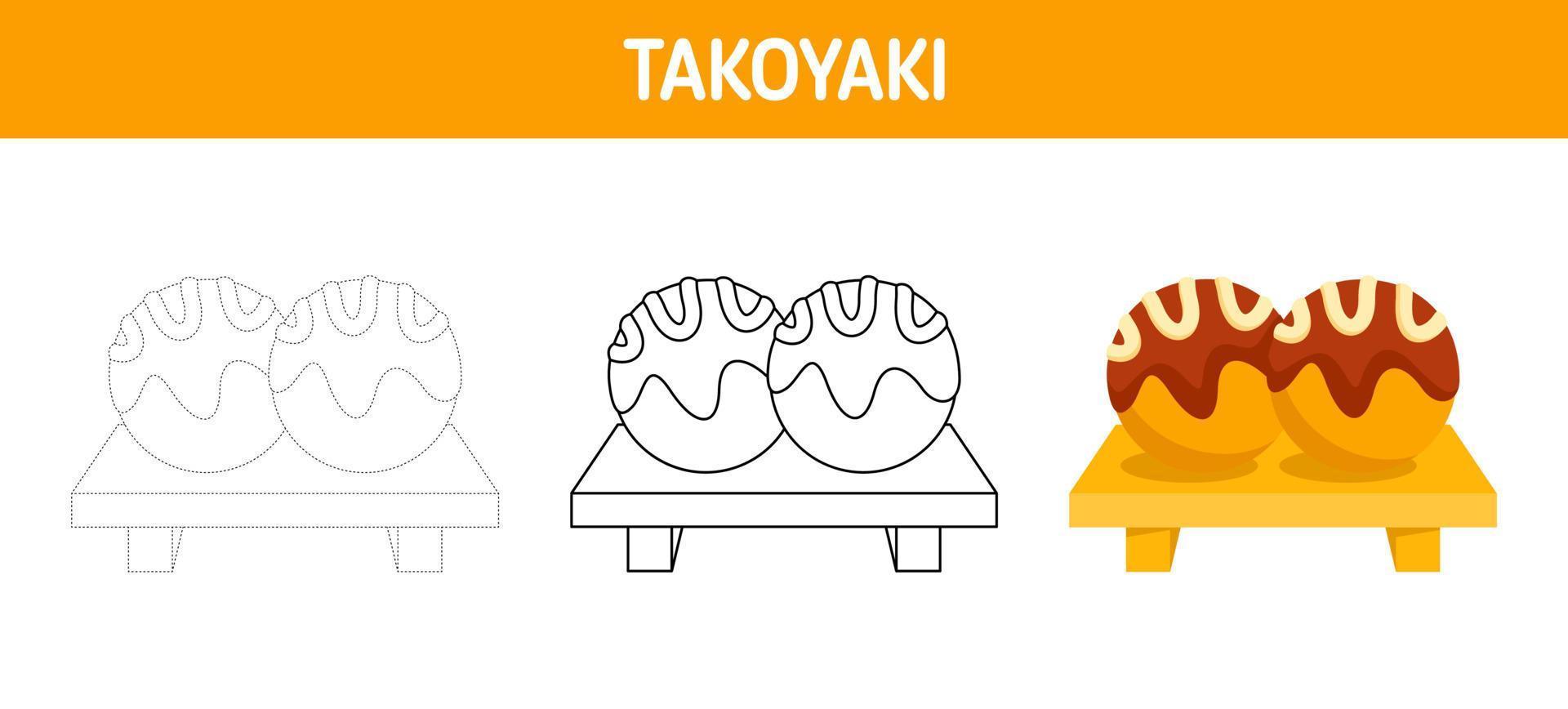 Takoyaki tracing and coloring worksheet for kids vector