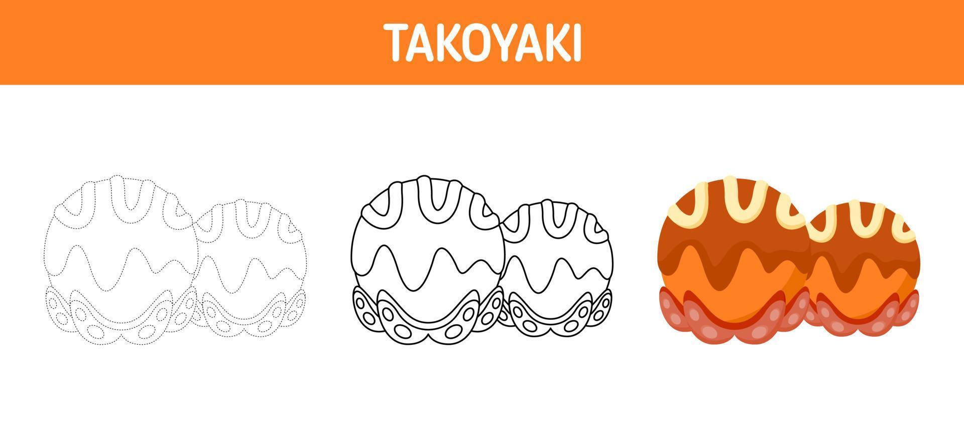 Takoyaki tracing and coloring worksheet for kids vector