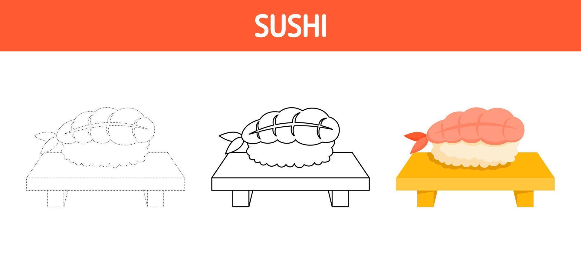 Sushi tracing and coloring worksheet for kids vector