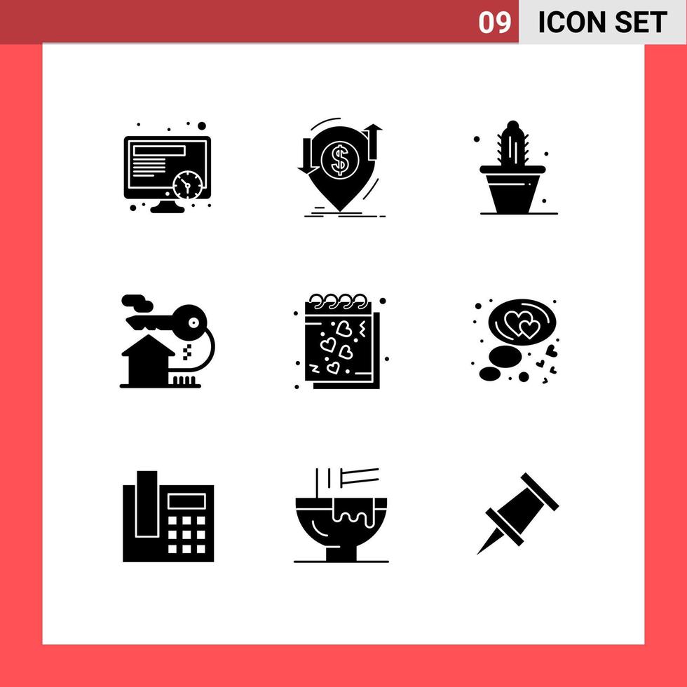 Universal Icon Symbols Group of 9 Modern Solid Glyphs of heart key cactus real estate home Editable Vector Design Elements