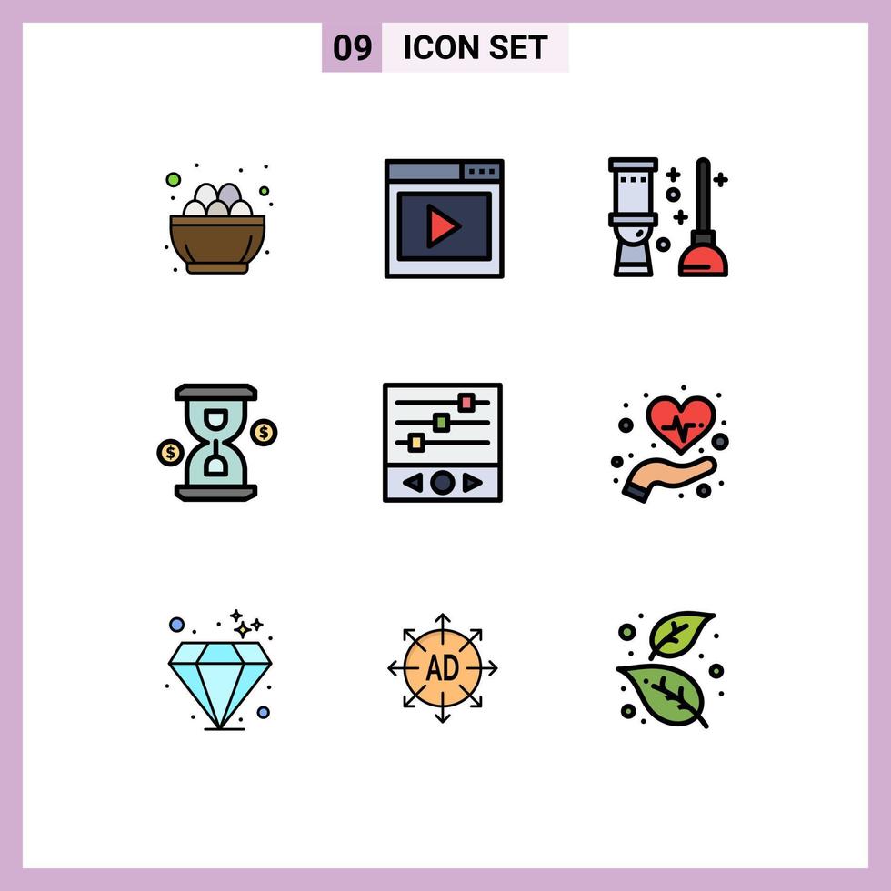 Set of 9 Vector Filledline Flat Colors on Grid for investment hour media page glass bath Editable Vector Design Elements