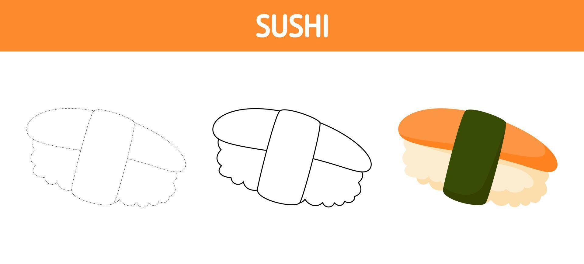 Sushi tracing and coloring worksheet for kids vector