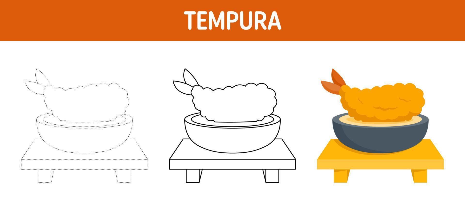 Tempura tracing and coloring worksheet for kids vector