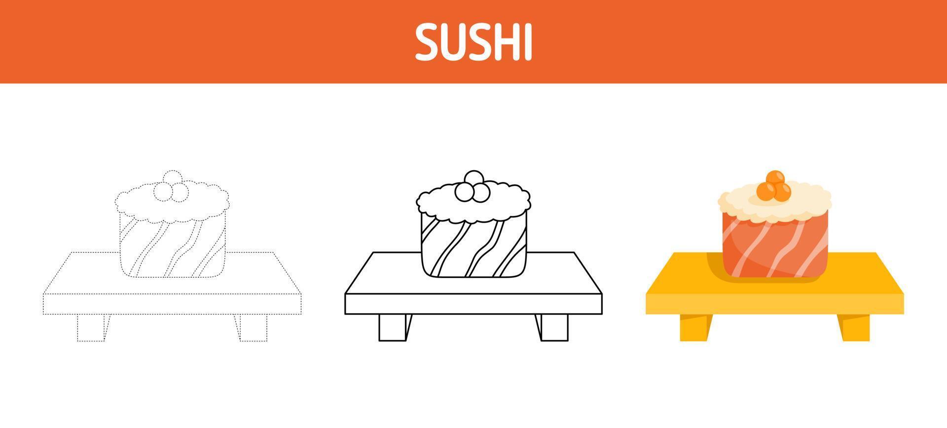 Sushi tracing and coloring worksheet for kids vector