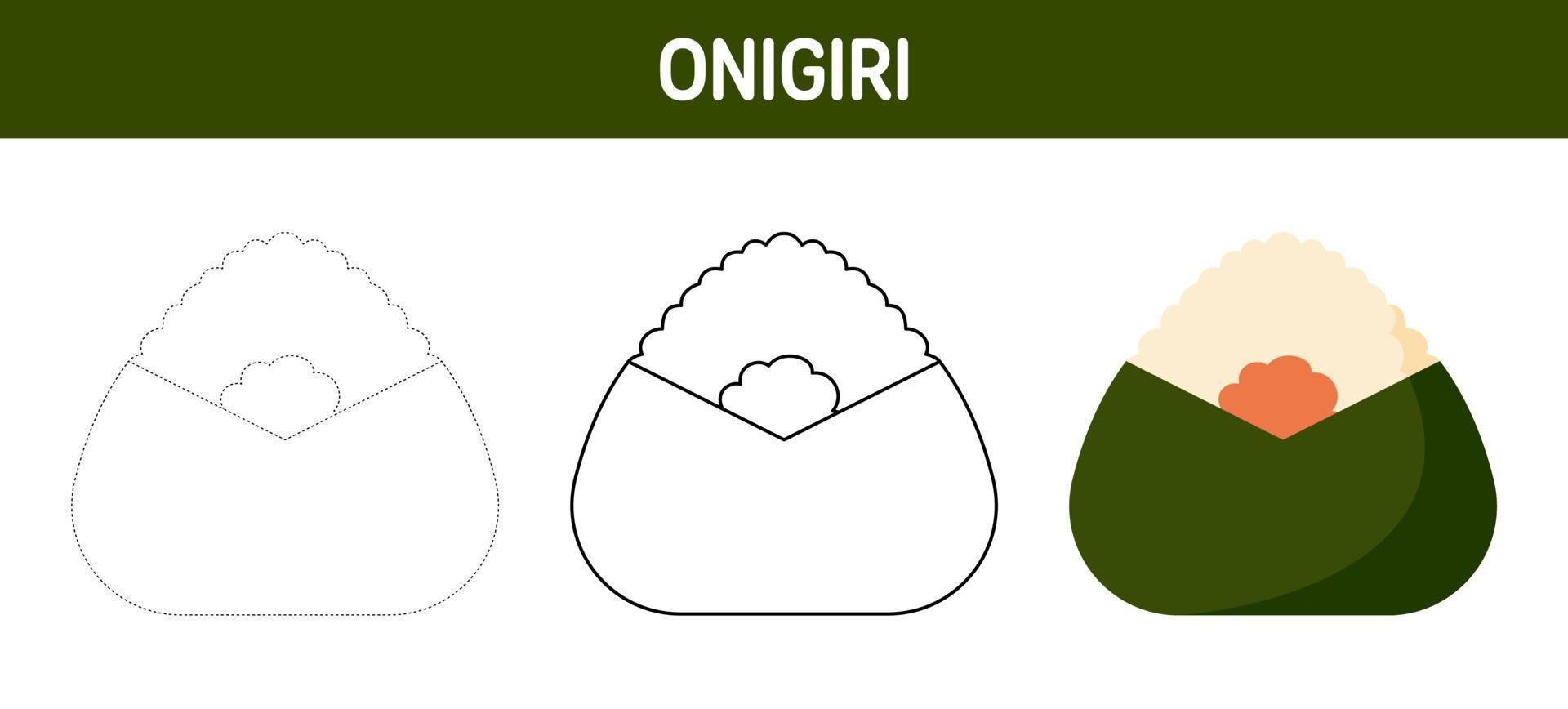 Onigiri tracing and coloring worksheet for kids vector