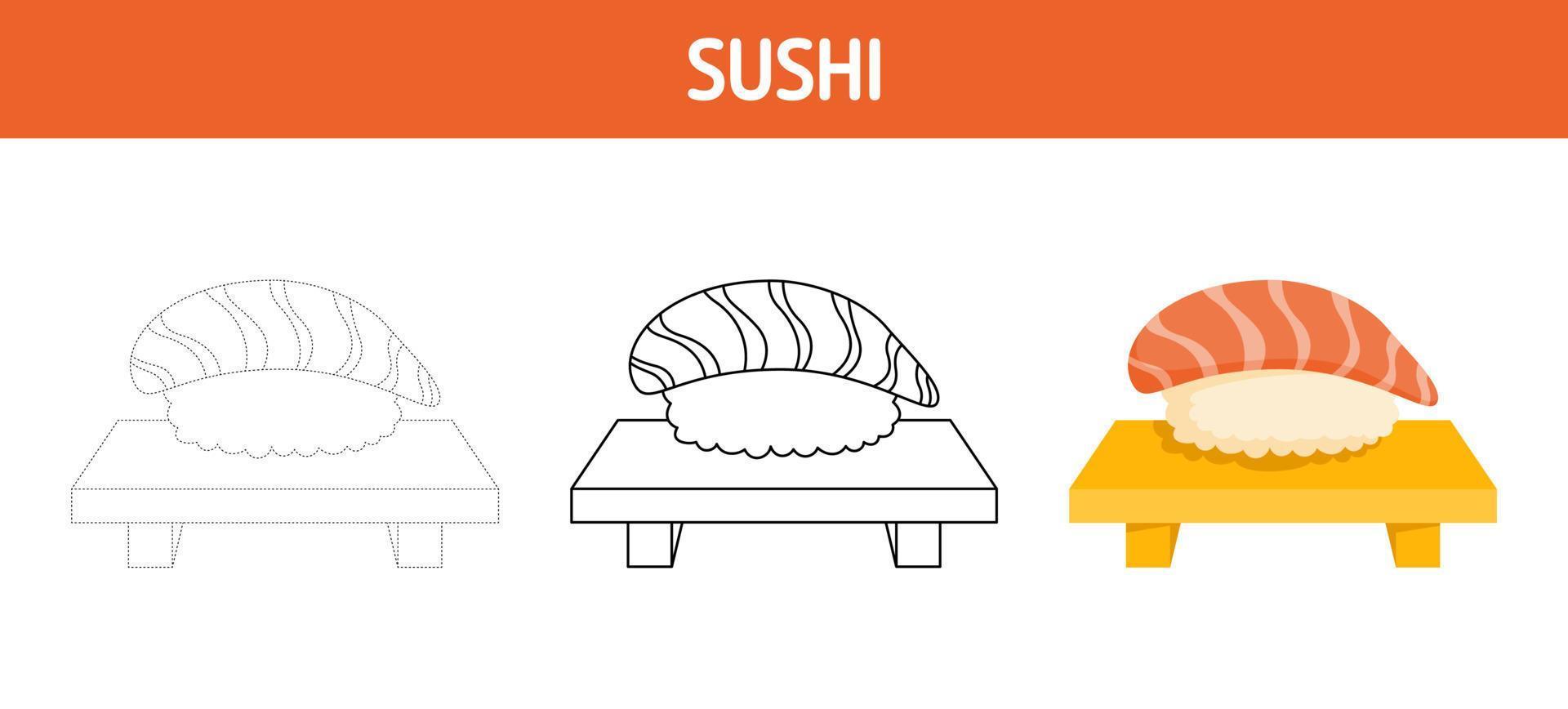 Sushi tracing and coloring worksheet for kids vector