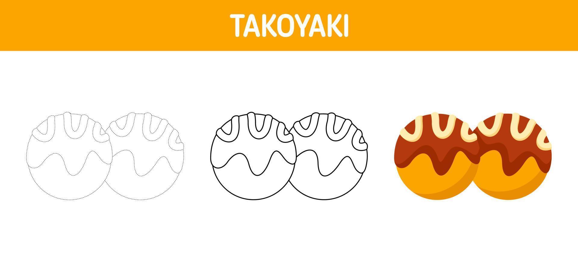 Takoyaki tracing and coloring worksheet for kids vector