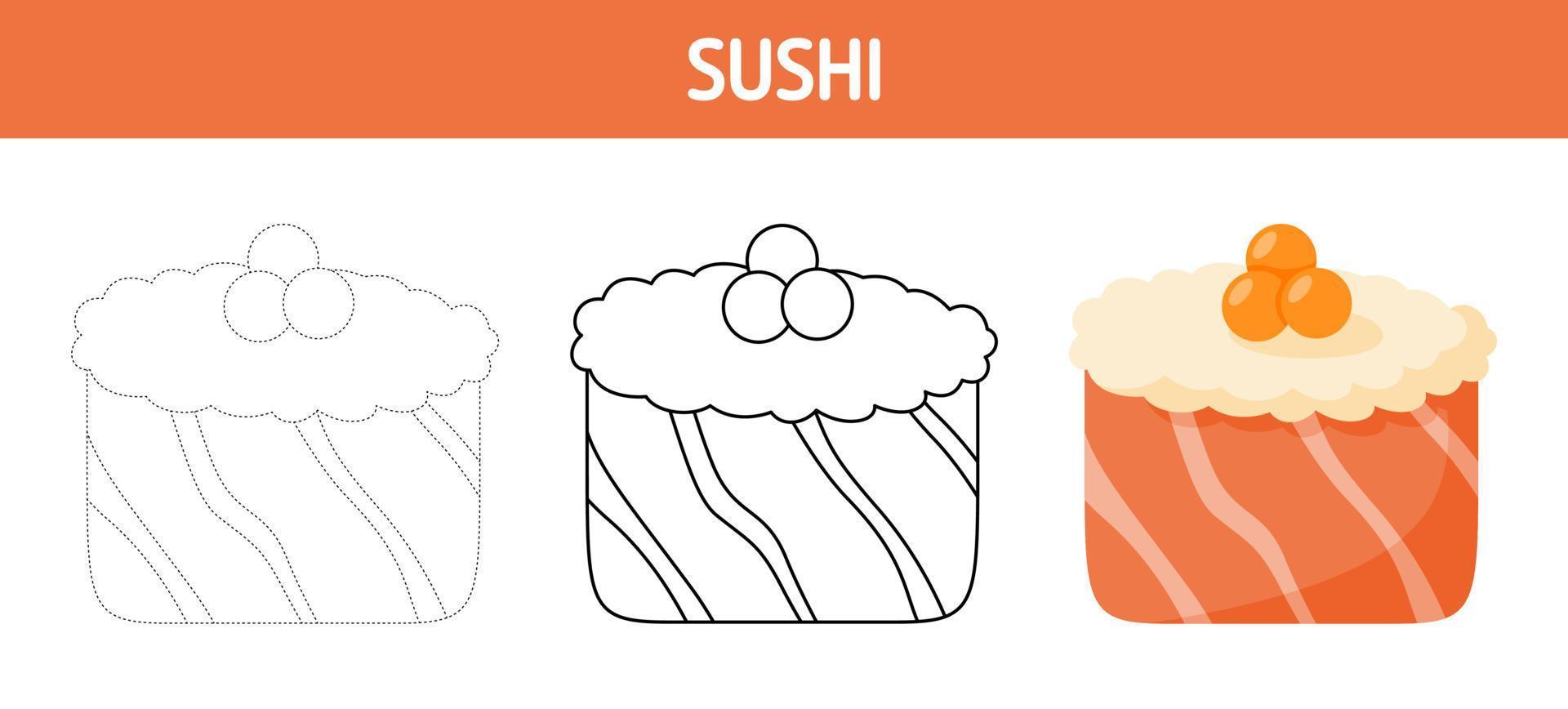 Sushi tracing and coloring worksheet for kids vector